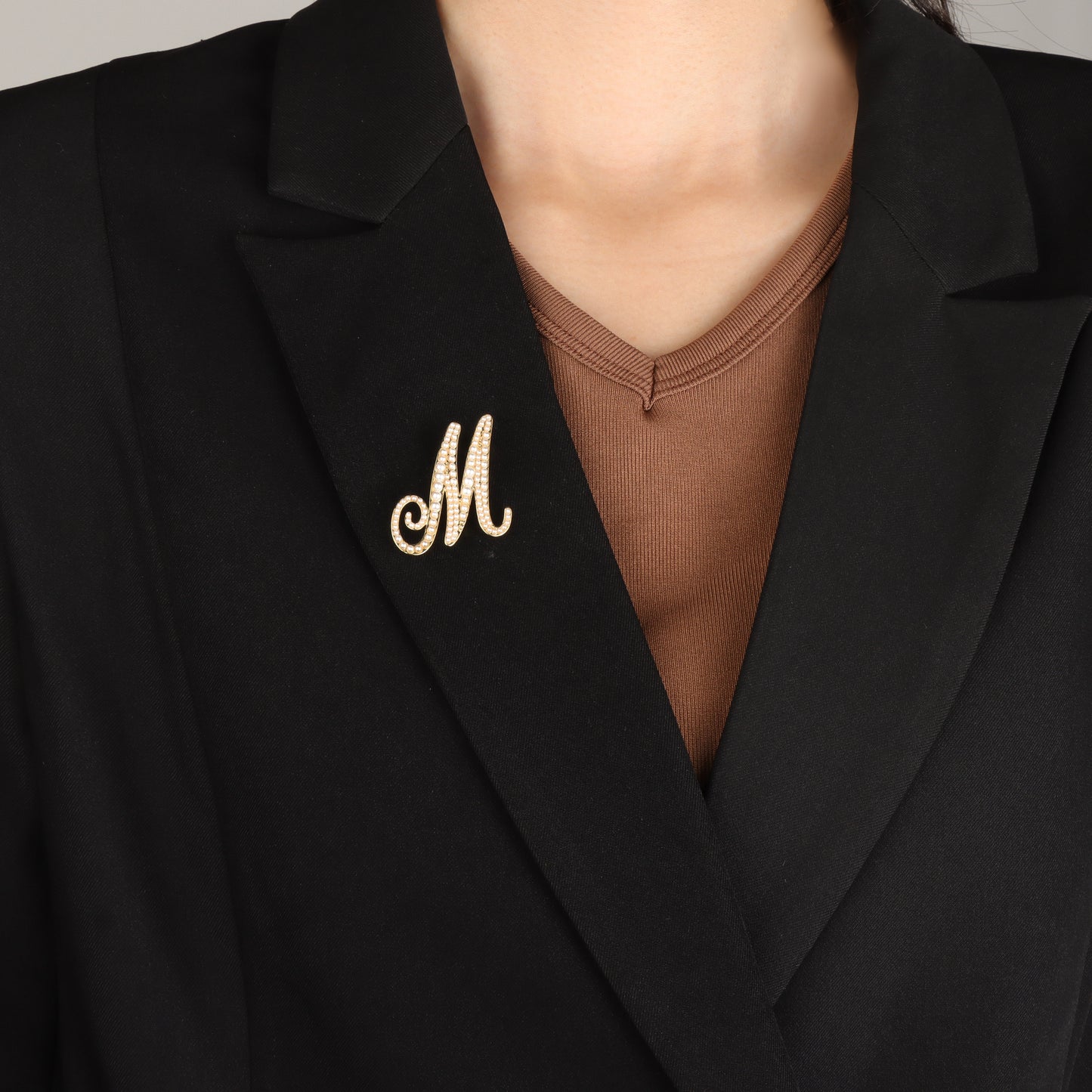 Crystal Initial Letter Brooch with Pearl Accent- S/J/L/M