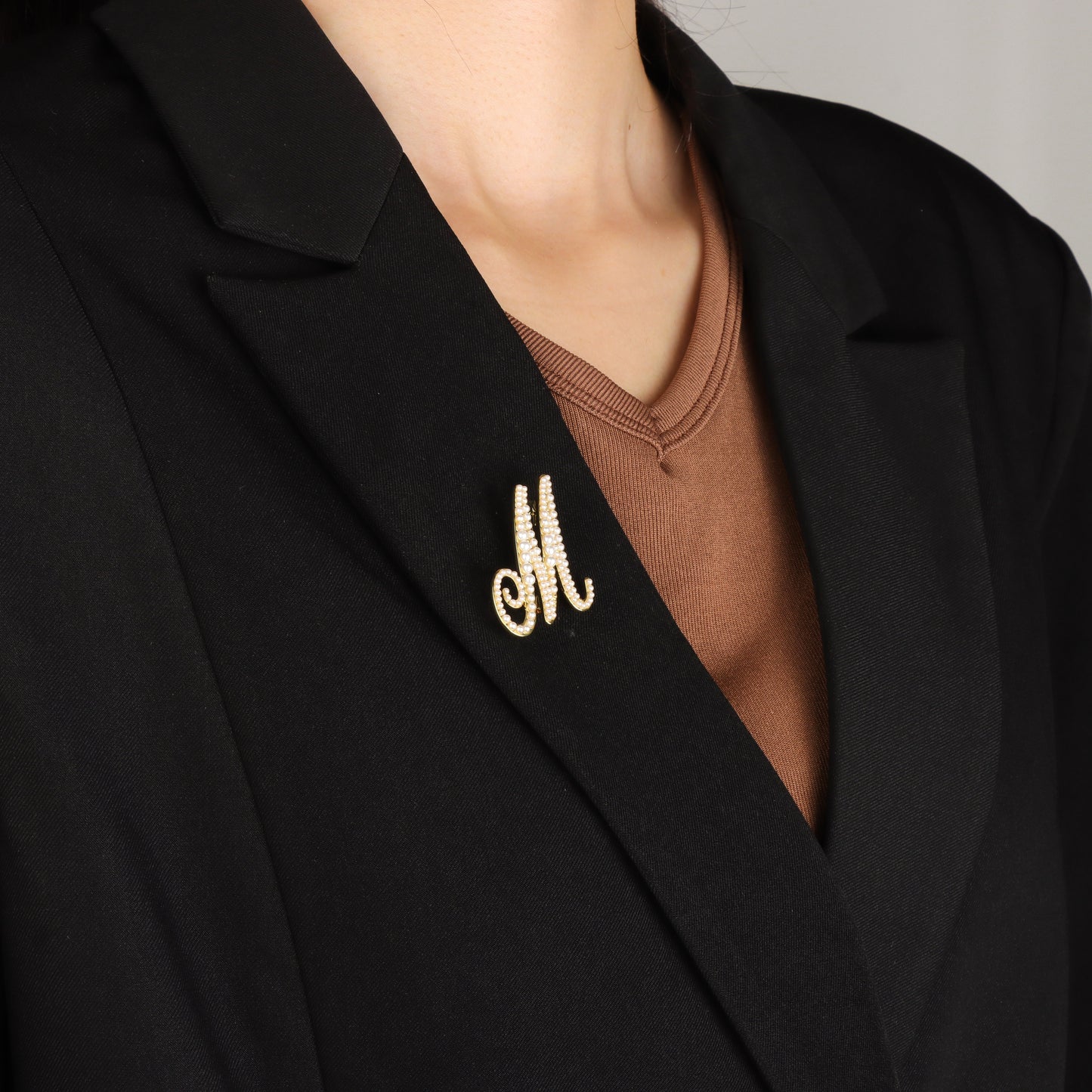 Crystal Initial Letter Brooch with Pearl Accent- S/J/L/M