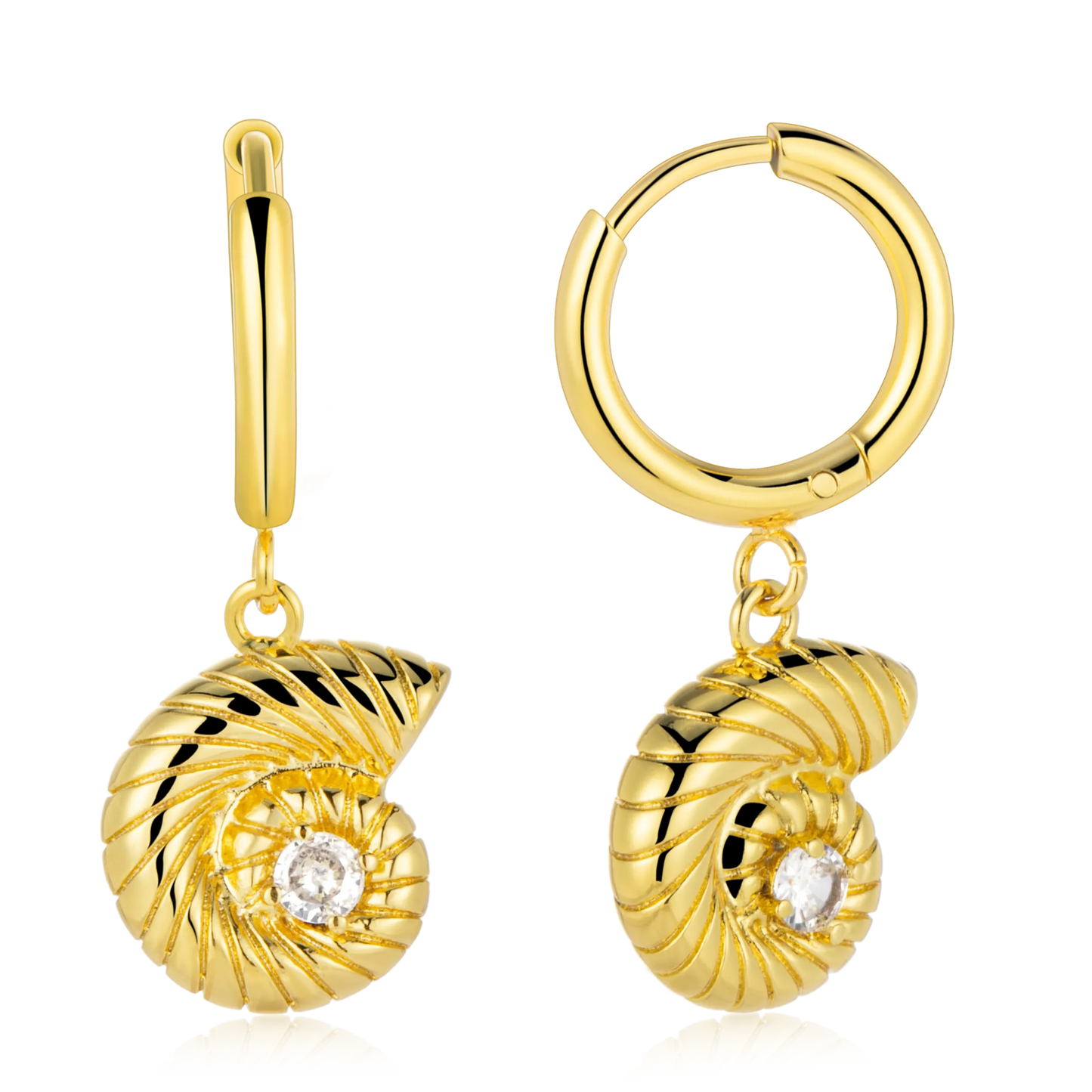 Nautilus Shell Huggie Drop Earrings- Gold Tone