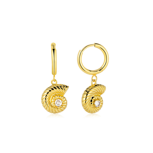 Nautilus Shell Huggie Drop Earrings- Gold Tone
