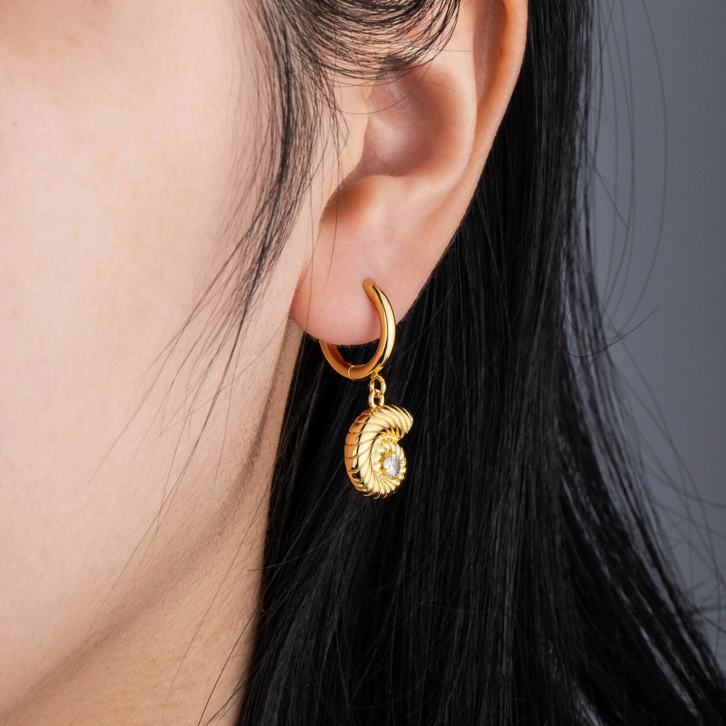 Nautilus Shell Huggie Drop Earrings- Gold Tone