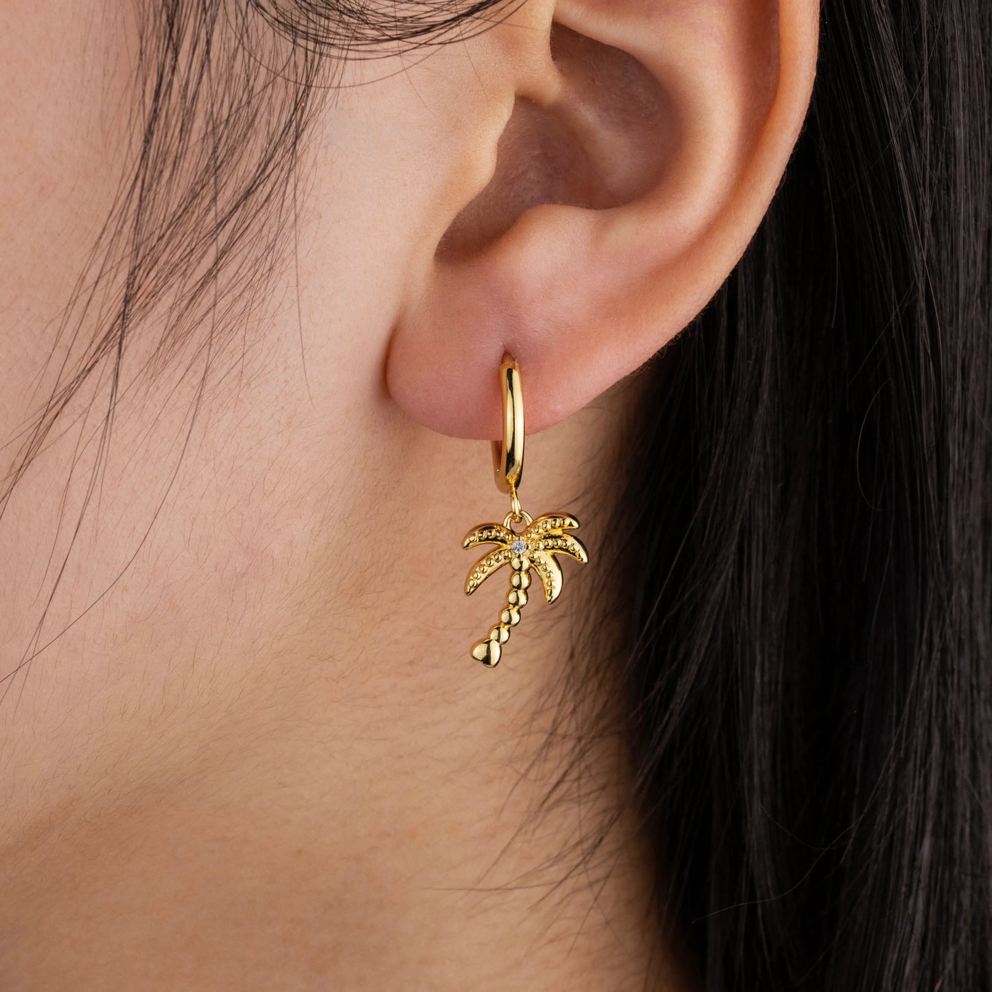 Palm Tree Huggie Drop Earrings – Gold Tone