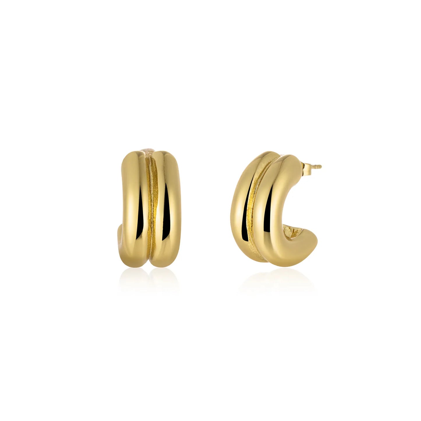 Triple-Ridge Sculptural Hoop Earrings- Gold Tone