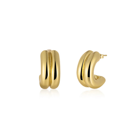 Triple-Ridge Sculptural Hoop Earrings- Gold Tone