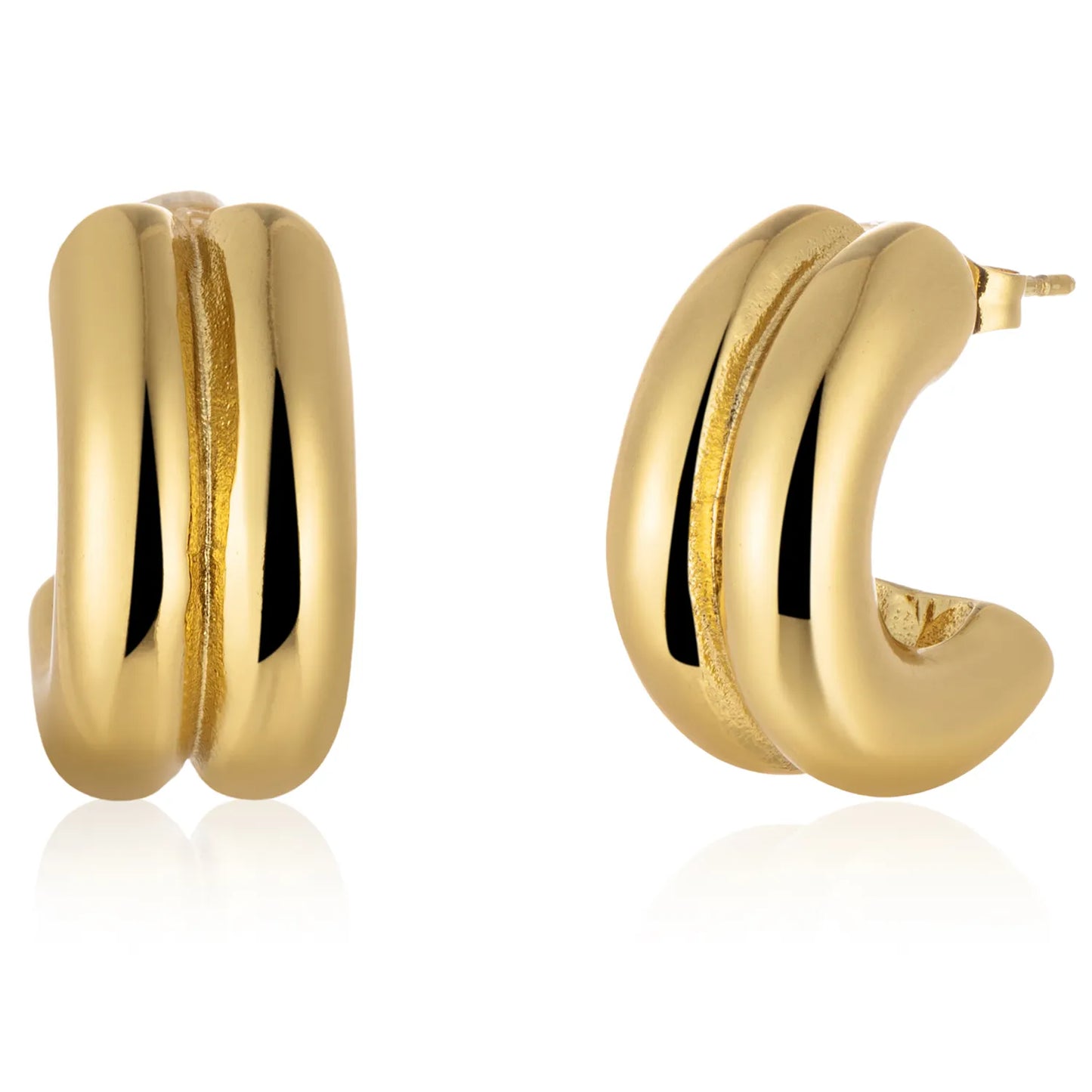 Triple-Ridge Sculptural Hoop Earrings- Gold Tone