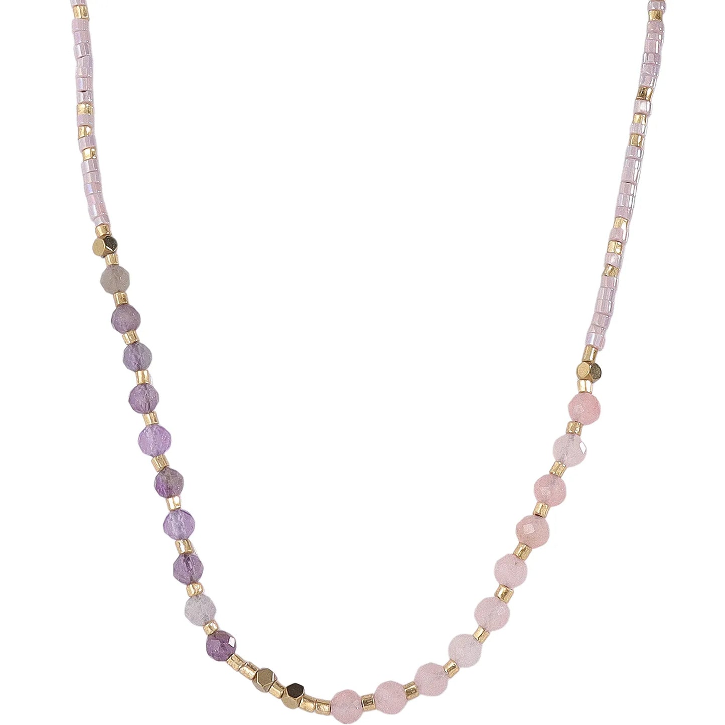 Romantic Dreamy‑Feminine Seed‑Bead Necklace with Amethyst & Rose‑Quartz, Hypoallergenic 304 Stainless‑Steel 18K Gold PVD Layering Necklace for Women