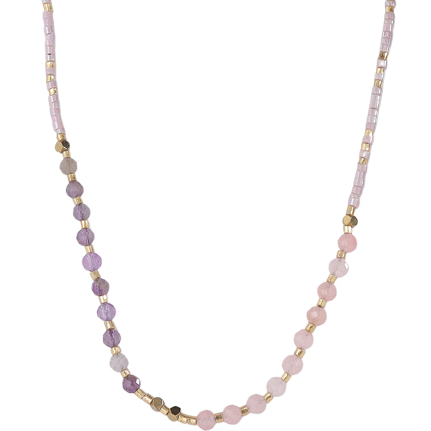 Romantic Dreamy‑Feminine Seed‑Bead Necklace with Amethyst & Rose‑Quartz, Hypoallergenic 304 Stainless‑Steel 18K Gold PVD Layering Necklace for Women