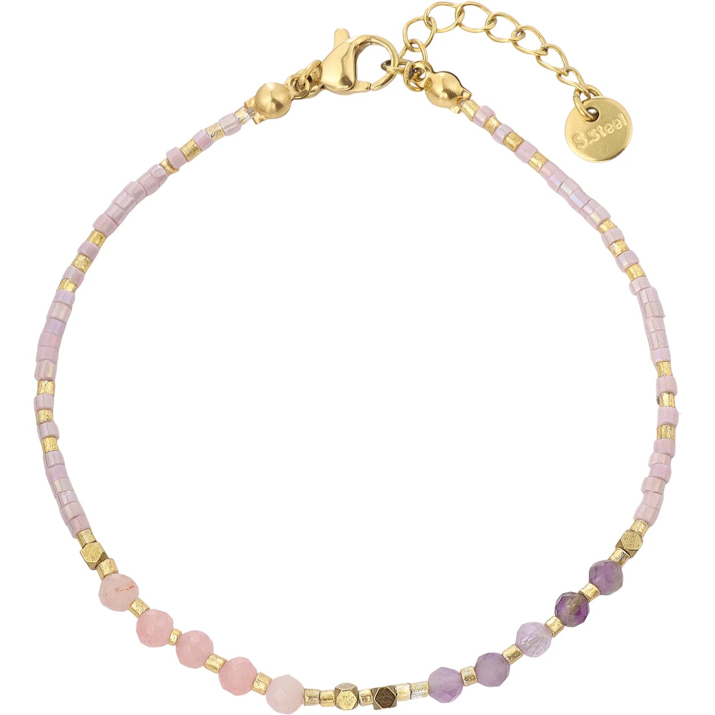 Romantic Dreamy‑Feminine Seed‑Bead Bracelet with Rose Quartz & Amethyst, Hypoallergenic 304 Stainless‑Steel 18K Gold PVD Stackable Bracelet for Women