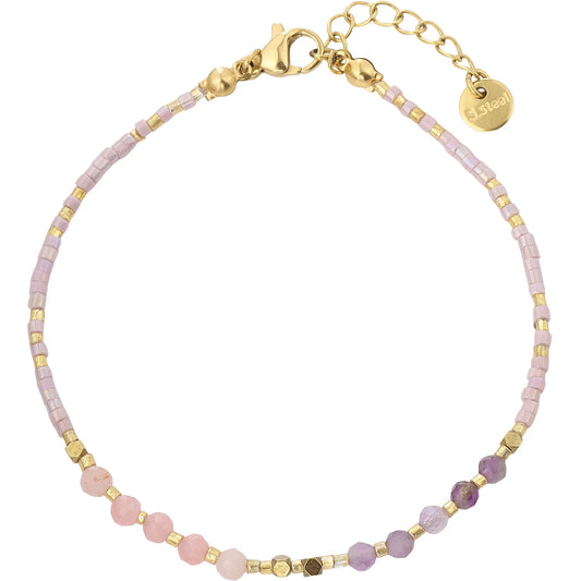Romantic Dreamy‑Feminine Seed‑Bead Bracelet with Rose Quartz & Amethyst, Hypoallergenic 304 Stainless‑Steel 18K Gold PVD Stackable Bracelet for Women