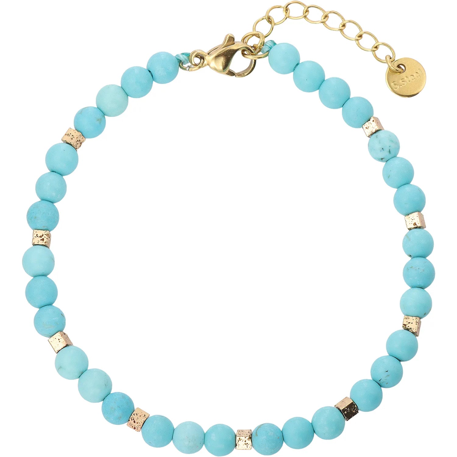Boho‑Chic Matte Turquoise Round Beaded Bracelet, Hypoallergenic 304 Stainless‑Steel 18K Gold PVD Plated Stackable Bracelet for Women