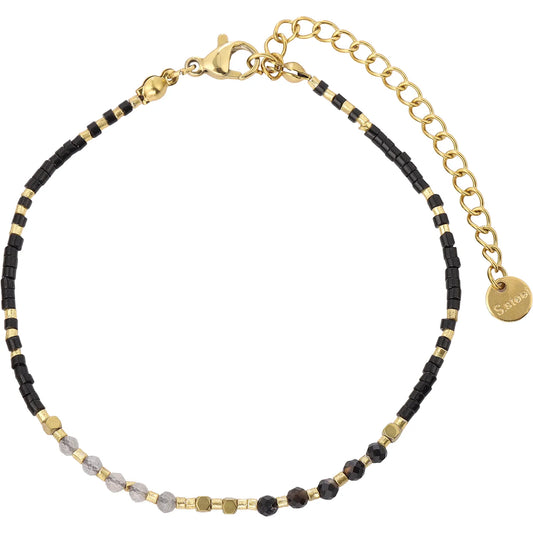 Sleek Modern‑Chic Black Seed‑Bead and Smoky Agate Bracelet, Hypoallergenic 304 Stainless‑Steel 18K Gold PVD Stackable Bracelet for Women