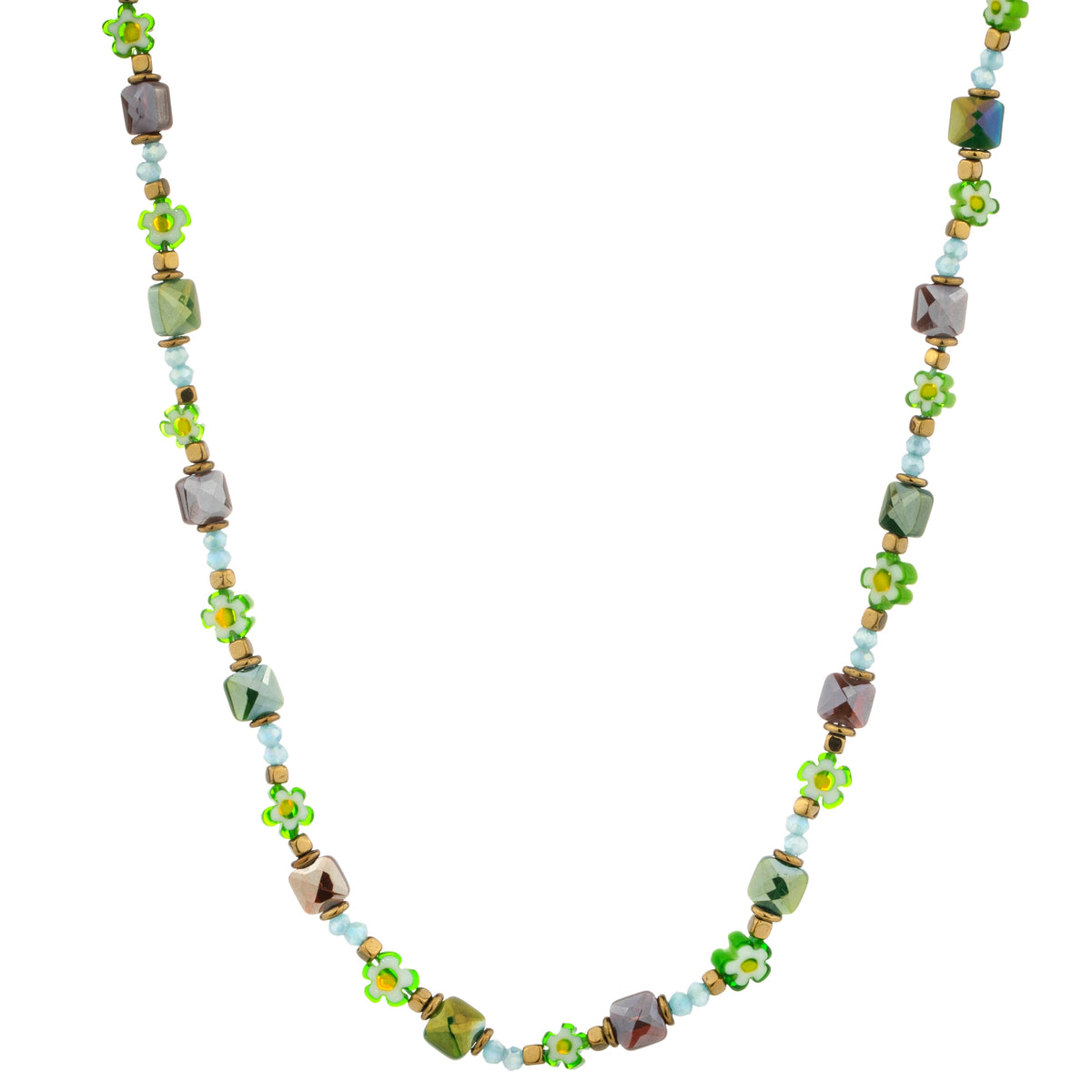 Mixed Geometric Bead Long Necklace - Green Mix