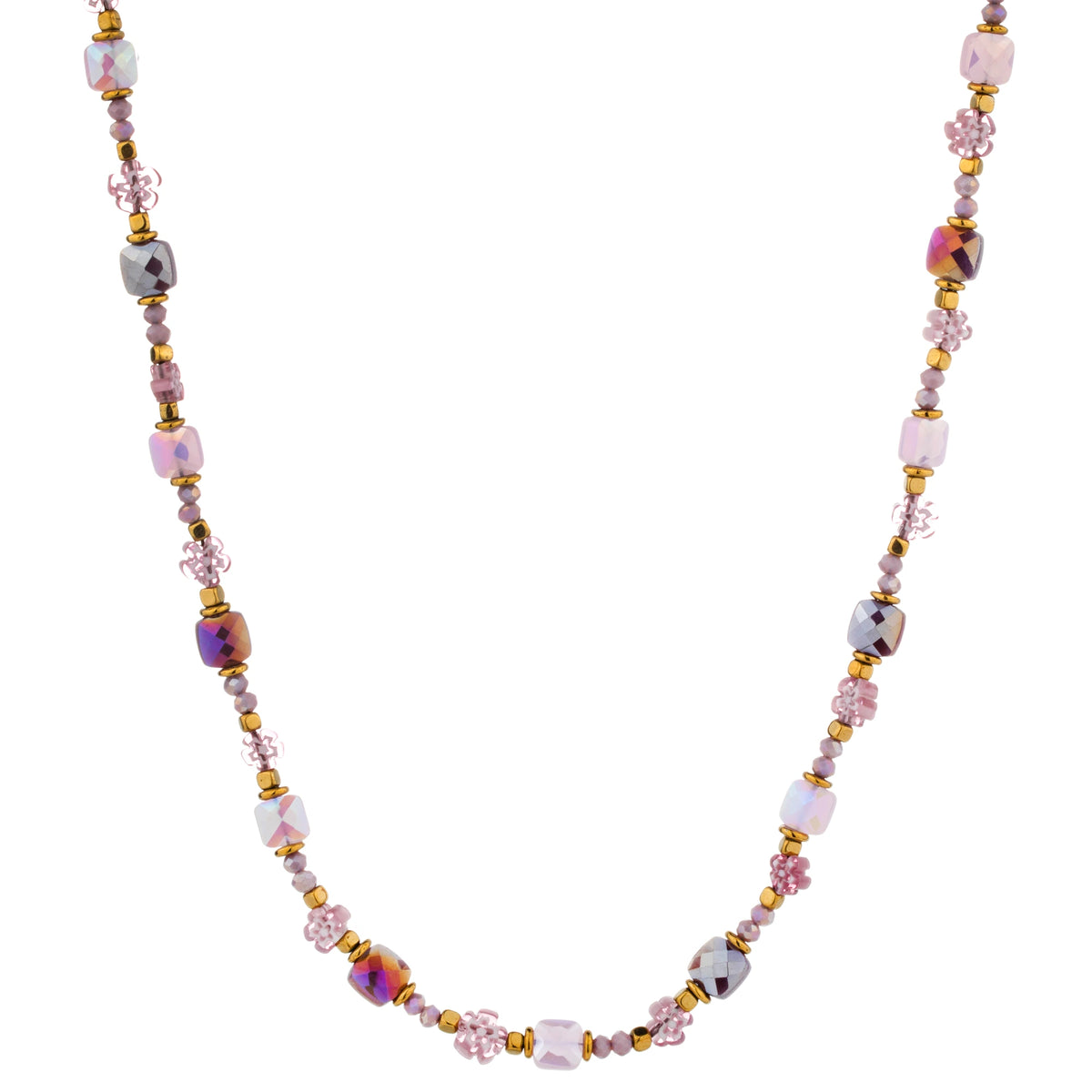 Mixed Geometric Bead Long Necklace - Purple Mix