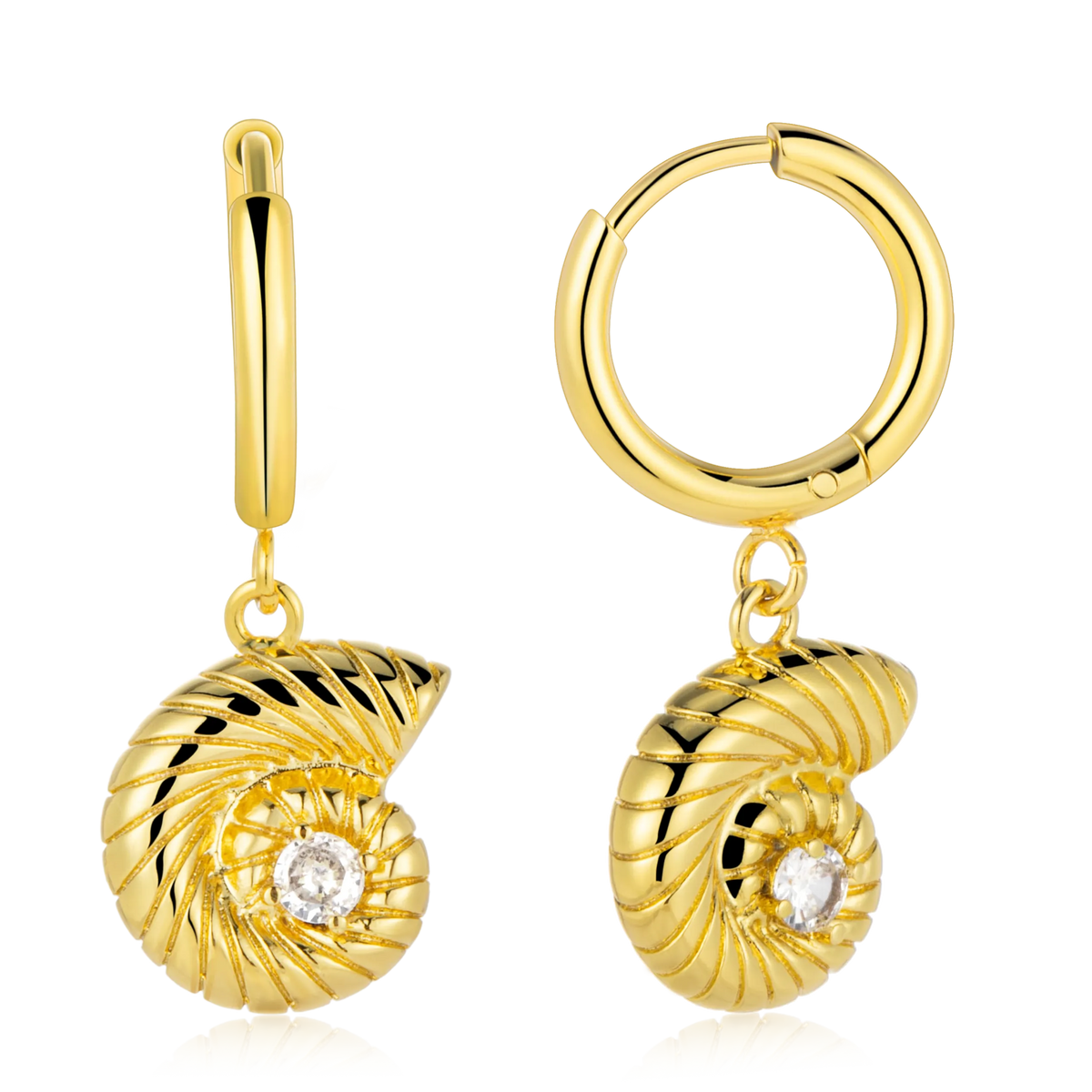 Nautilus Shell Huggie Drop Earrings- Gold Tone