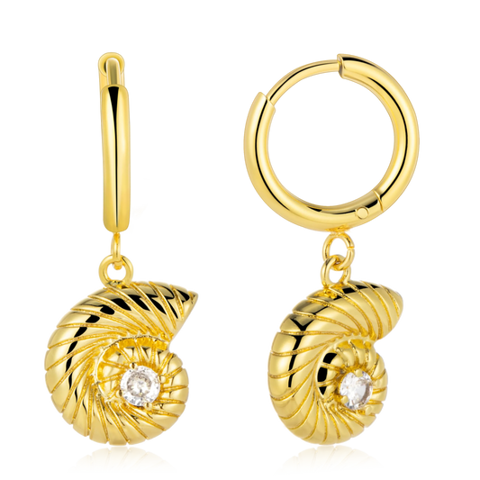 Nautilus Shell Huggie Drop Earrings- Gold Tone