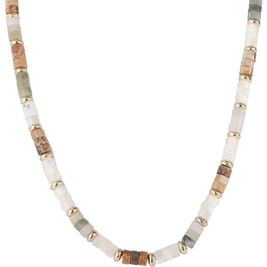 Boho‑Chic Neutral Earth‑Tone Natural Stone Beaded Necklace, Hypoallergenic 304 Stainless‑Steel 18K Gold PVD Plated Layered Necklace for Women