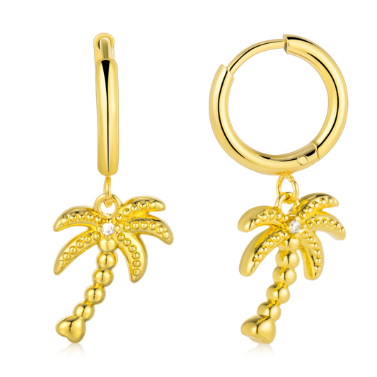 Palm Tree Huggie Drop Earrings – Gold Tone