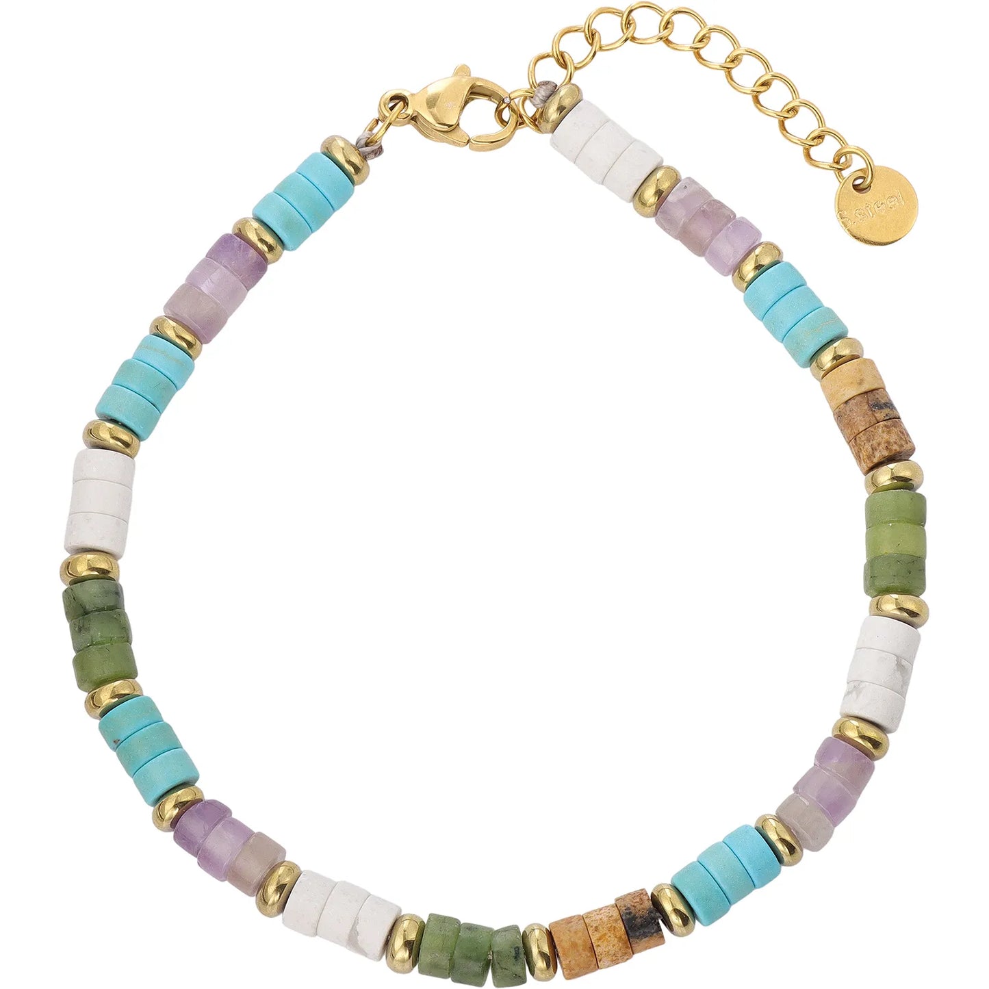 Pastel Multicolor Natural Stone Beaded Bracelet, Hypoallergenic 304 Stainless‑Steel 18K Gold PVD Plated Stackable Bracelet for Women