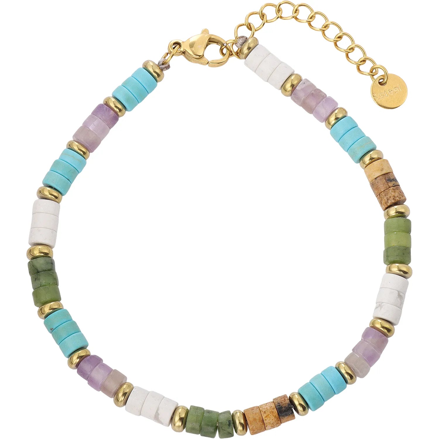 Pastel Multicolor Natural Stone Beaded Bracelet, Hypoallergenic 304 Stainless‑Steel 18K Gold PVD Plated Stackable Bracelet for Women