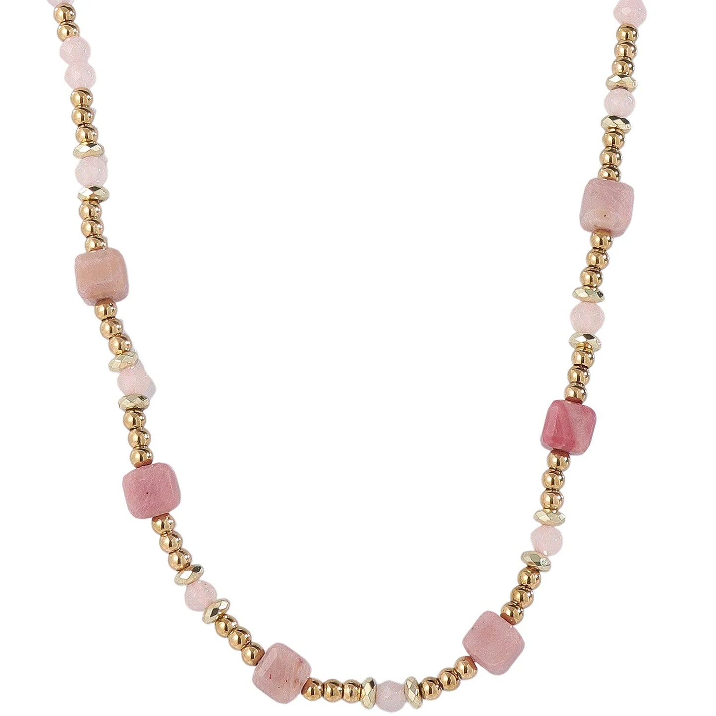 Romantic Soft‑Feminine Rose‑Quartz and Gold‑Bead Necklace, Hypoallergenic 304 Stainless‑Steel 18K Gold PVD Layering Necklace for Women
