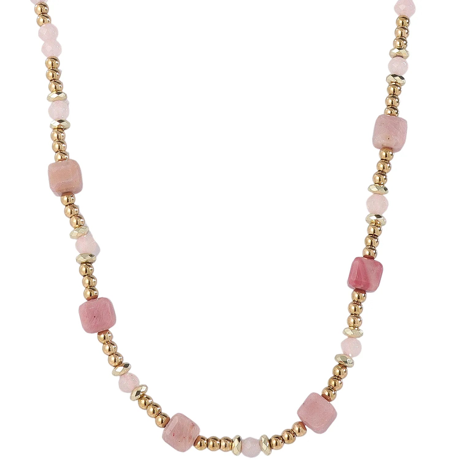 Romantic Soft‑Feminine Rose‑Quartz and Gold‑Bead Necklace, Hypoallergenic 304 Stainless‑Steel 18K Gold PVD Layering Necklace for Women