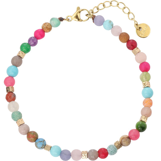 Boho‑Chic Rainbow Multicolor Mixed Natural Stone Beaded Bracelet, Hypoallergenic 304 Stainless‑Steel 18K Gold PVD Plated Stackable Bracelet for Women