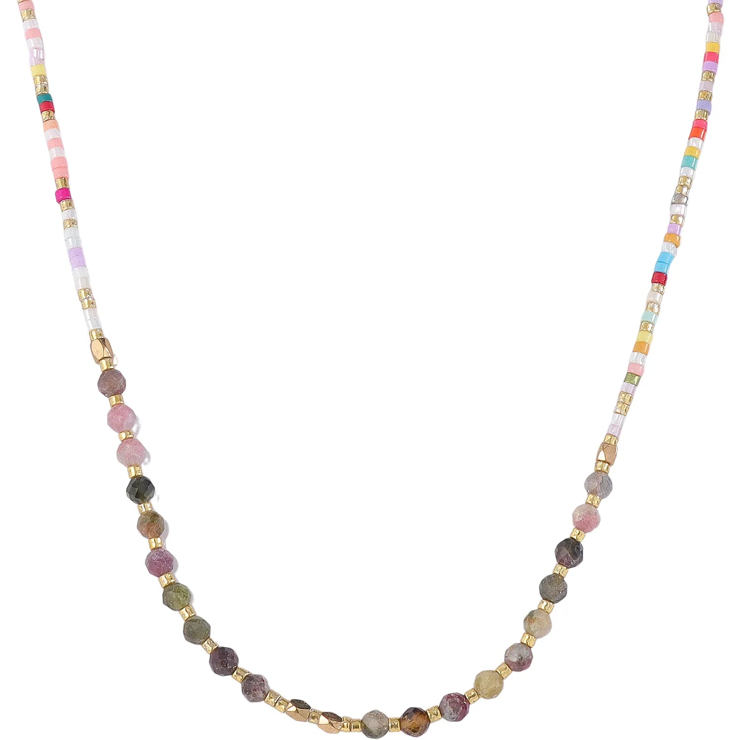 Boho‑Festival Rainbow Seed‑Bead and Tourmaline Necklace, Hypoallergenic 304 Stainless‑Steel 18K Gold PVD Layering Necklace for Women