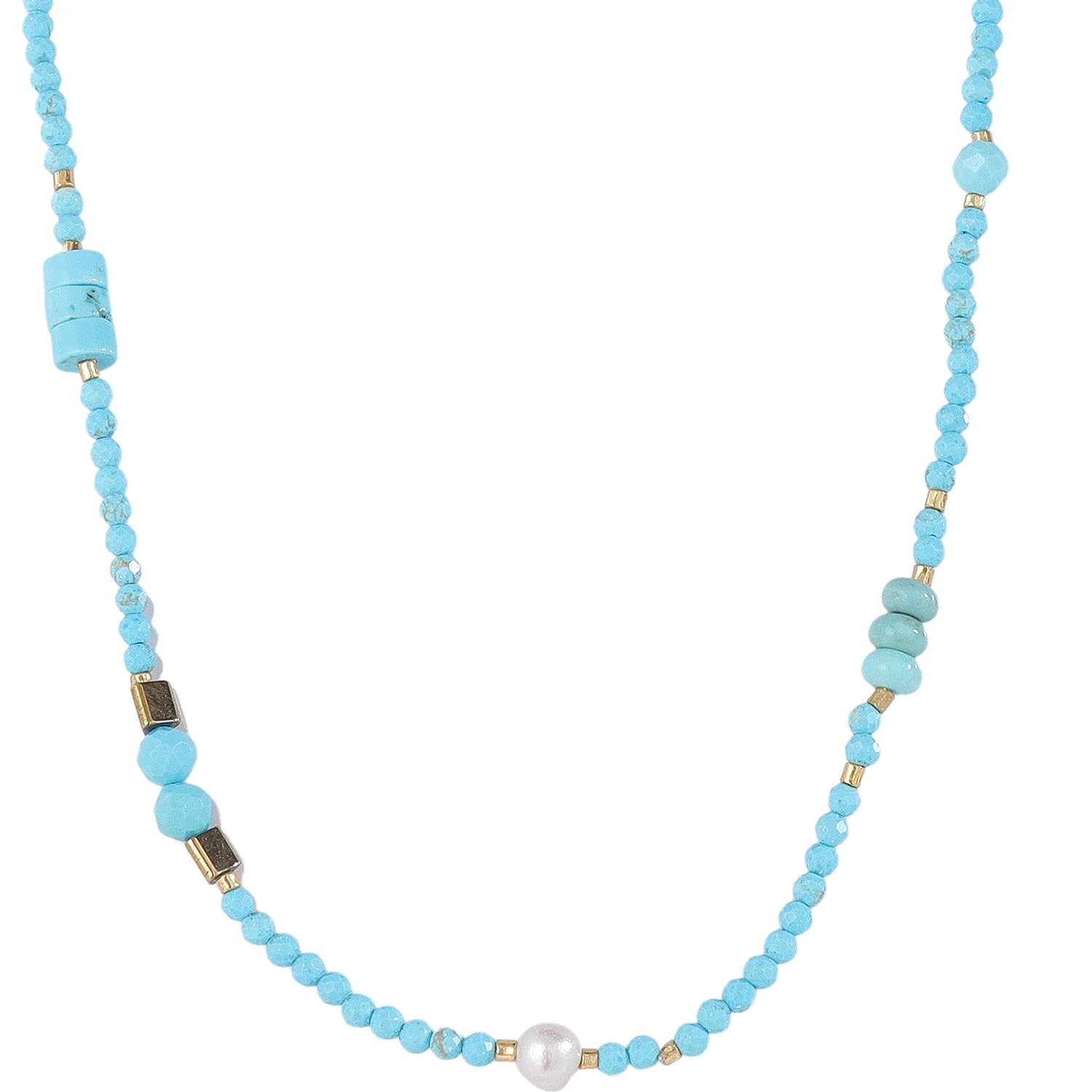 Fresh Coastal‑Boho Turquoise Seed‑Bead Necklace with Freshwater Pearl, Hypoallergenic 304 Stainless‑Steel 18K Gold PVD Layering Necklace for Women