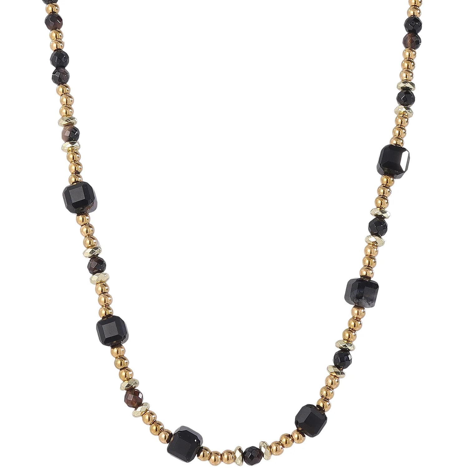 Sleek Modern‑Minimalist Smoky‑Quartz and Gold‑Bead Necklace, Hypoallergenic 304 Stainless‑Steel 18K Gold PVD Layering Necklace for Women