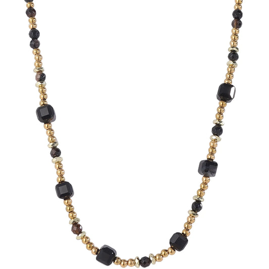 Sleek Modern‑Minimalist Smoky‑Quartz and Gold‑Bead Necklace, Hypoallergenic 304 Stainless‑Steel 18K Gold PVD Layering Necklace for Women