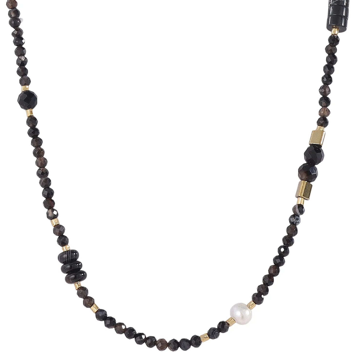 Sleek Dark‑Minimalist Smoky‑Quartz Necklace with Freshwater Pearl, Hypoallergenic 304 Stainless‑Steel 18K Gold PVD Layering Necklace for Women