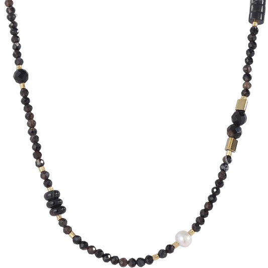 Sleek Dark‑Minimalist Smoky‑Quartz Necklace with Freshwater Pearl, Hypoallergenic 304 Stainless‑Steel 18K Gold PVD Layering Necklace for Women