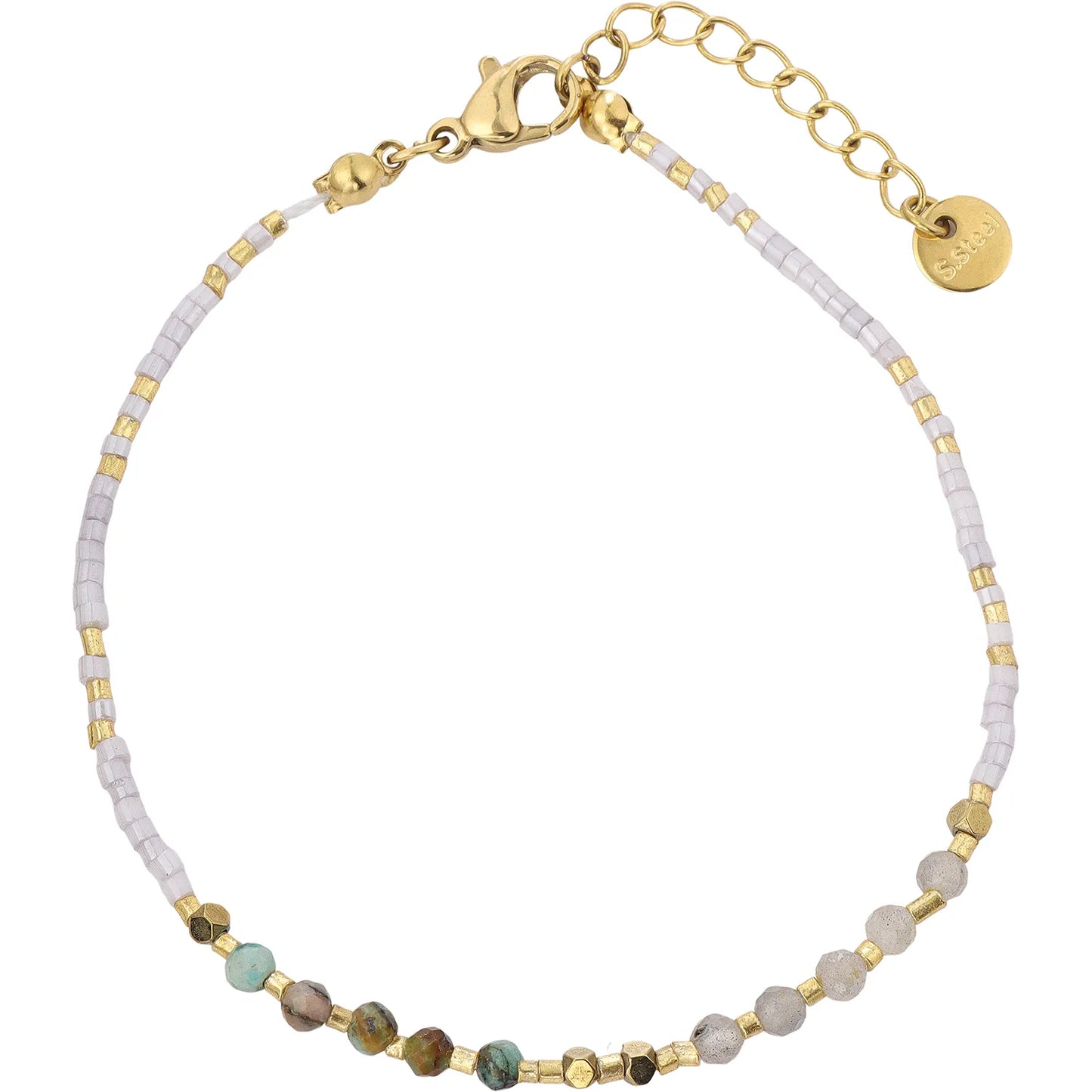 Minimalist Boho‑Neutral White Seed‑Bead and Mixed Jasper Bracelet, Hypoallergenic 304 Stainless‑Steel 18K Gold PVD Stackable Bracelet for Women