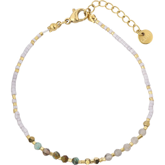 Minimalist Boho‑Neutral White Seed‑Bead and Mixed Jasper Bracelet, Hypoallergenic 304 Stainless‑Steel 18K Gold PVD Stackable Bracelet for Women