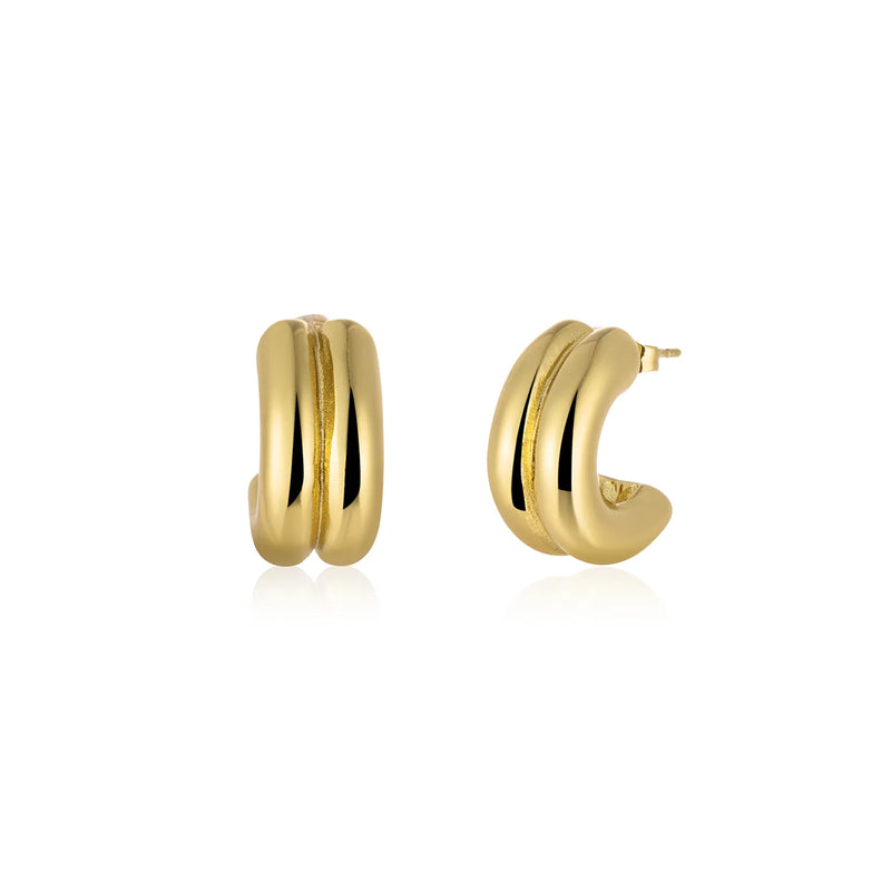 Triple-Ridge Sculptural Hoop Earrings- Gold Tone