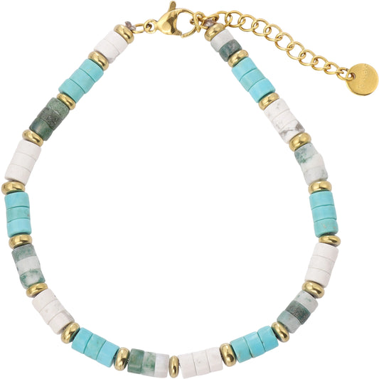 Boho‑Chic Turquoise & White Natural Stone Beaded Bracelet, Hypoallergenic 304 Stainless‑Steel 18K Gold PVD Plated Stackable Bracelet for Women