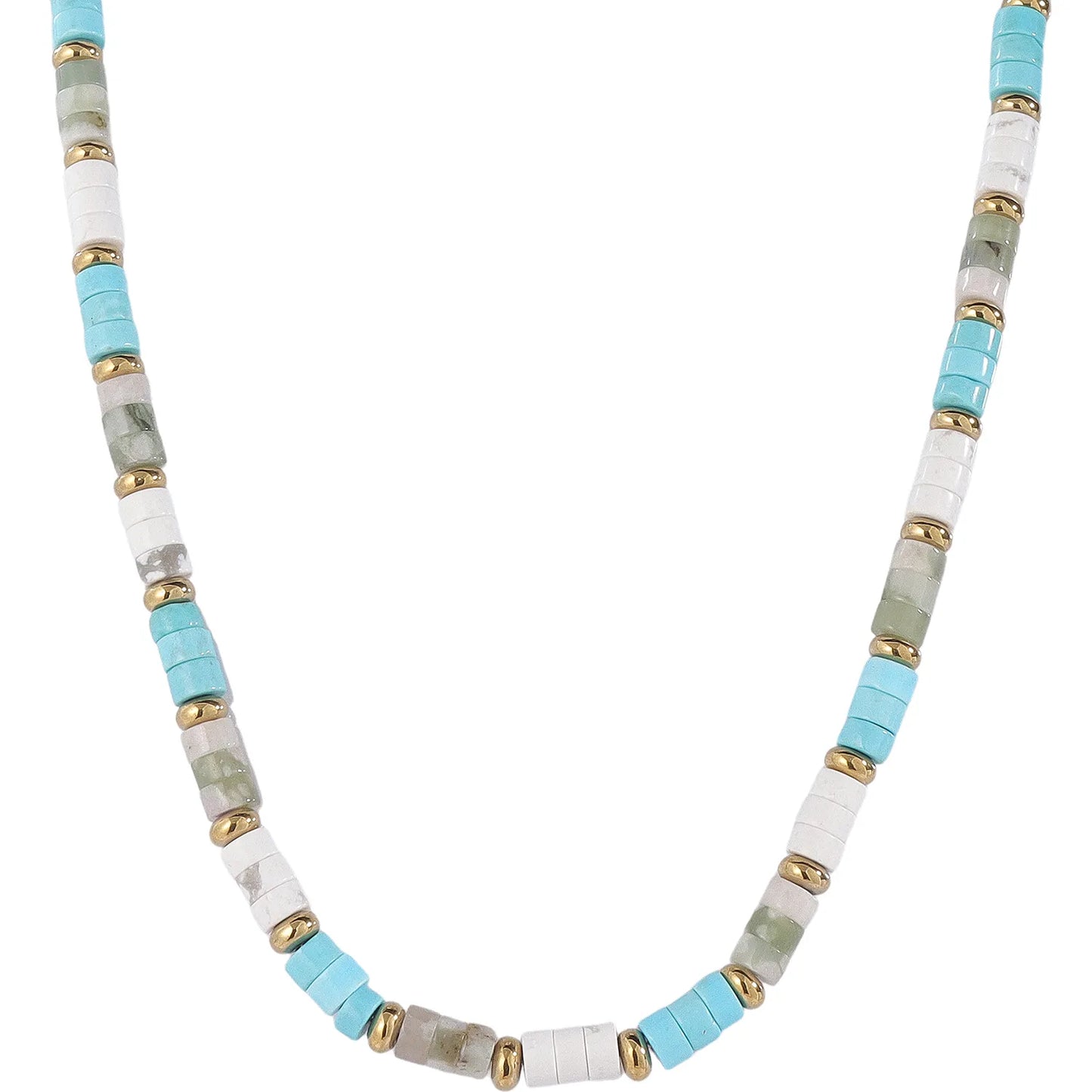 Boho‑Chic Turquoise White Natural Stone Beaded Necklace, Hypoallergenic 304 Stainless‑Steel 18K Gold PVD Plated Layered Necklace for Women