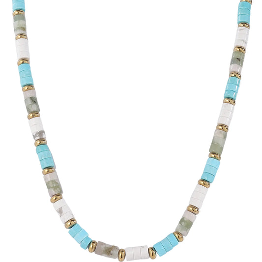 Boho‑Chic Turquoise White Natural Stone Beaded Necklace, Hypoallergenic 304 Stainless‑Steel 18K Gold PVD Plated Layered Necklace for Women