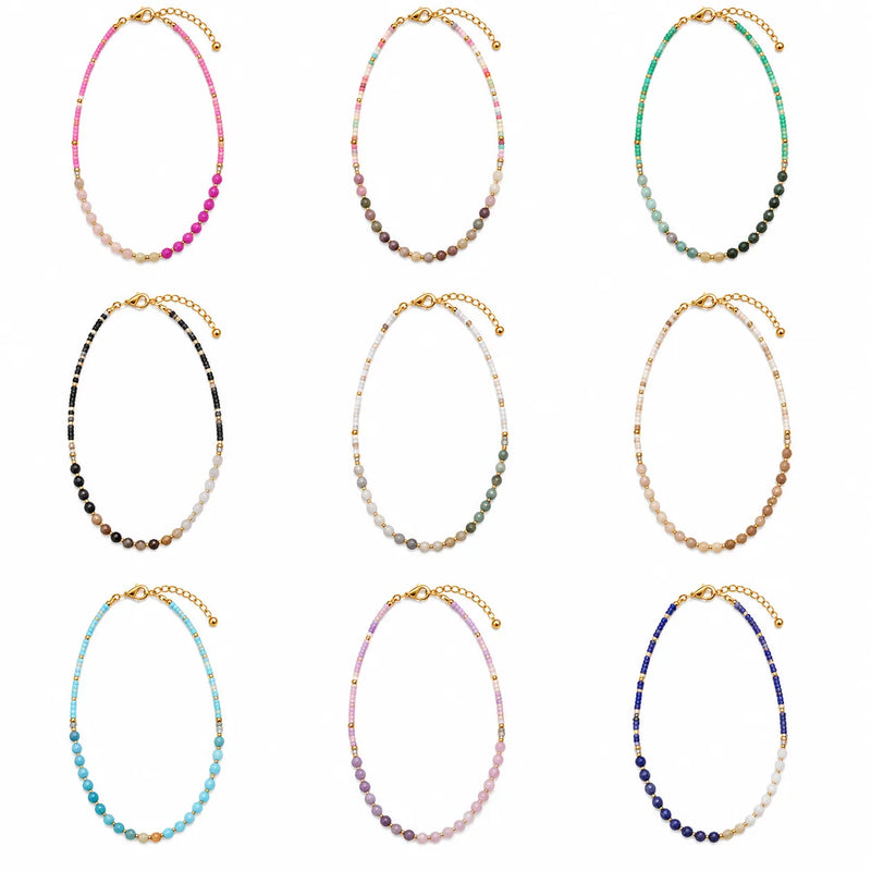 18K Gold PVD Steel Artisan Mixed Gemstone Necklace | 9 Styles