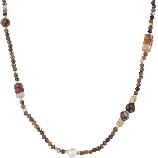 Relaxed Desert‑Boho Mixed‑Jasper Necklace with Freshwater Pearl, Hypoallergenic 304 Stainless‑Steel 18K Gold PVD Layering Necklace for Women