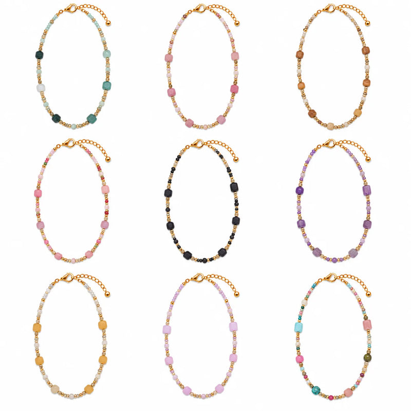 18K Gold PVD Steel Bohemian Gemstone Bead Necklace | 9 Styles