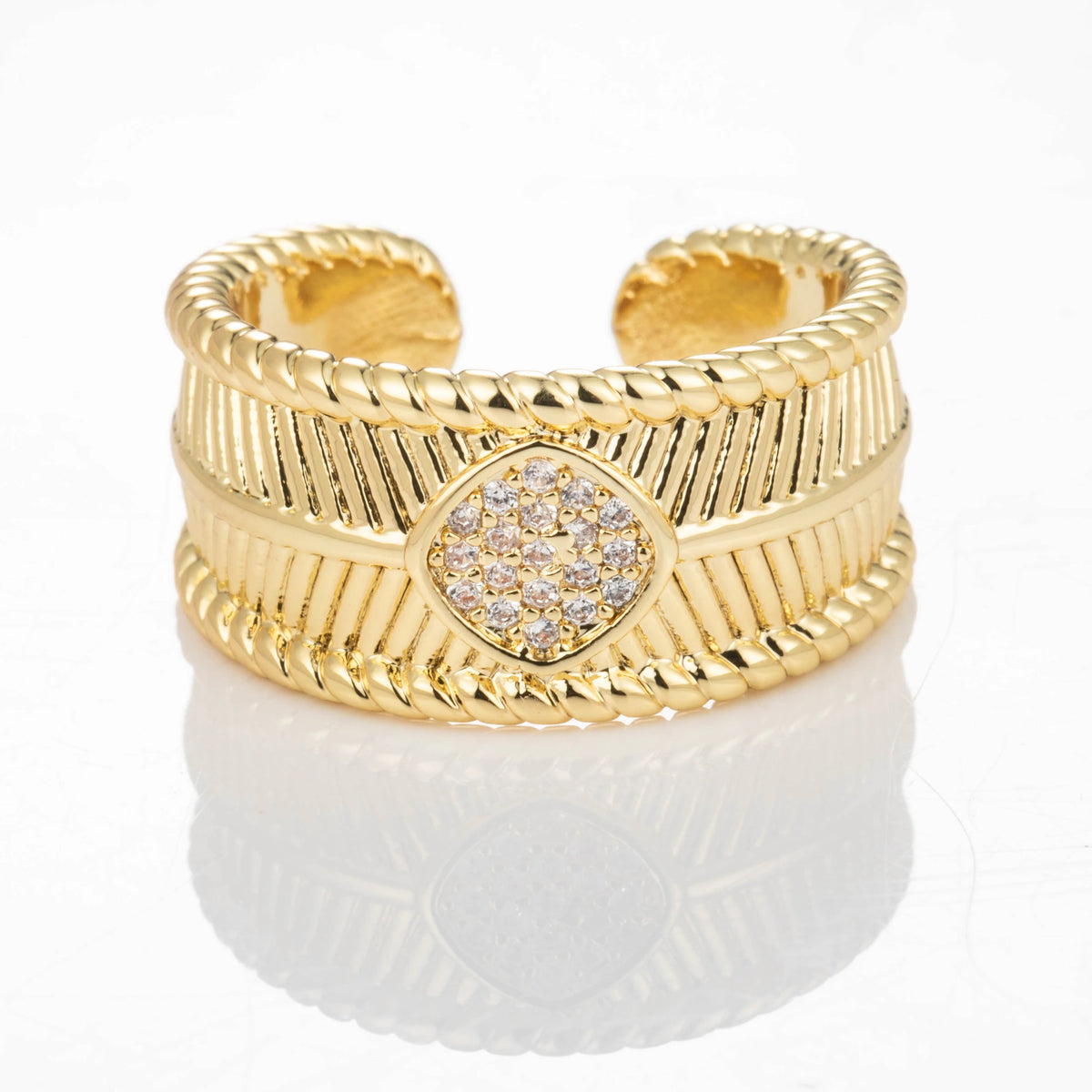 Crystal Medallion gold-plated brass open ring on white background