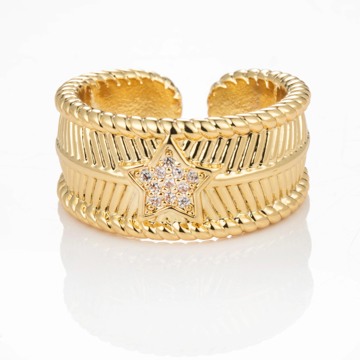 Crystal Cross gold-plated brass open ring on white background