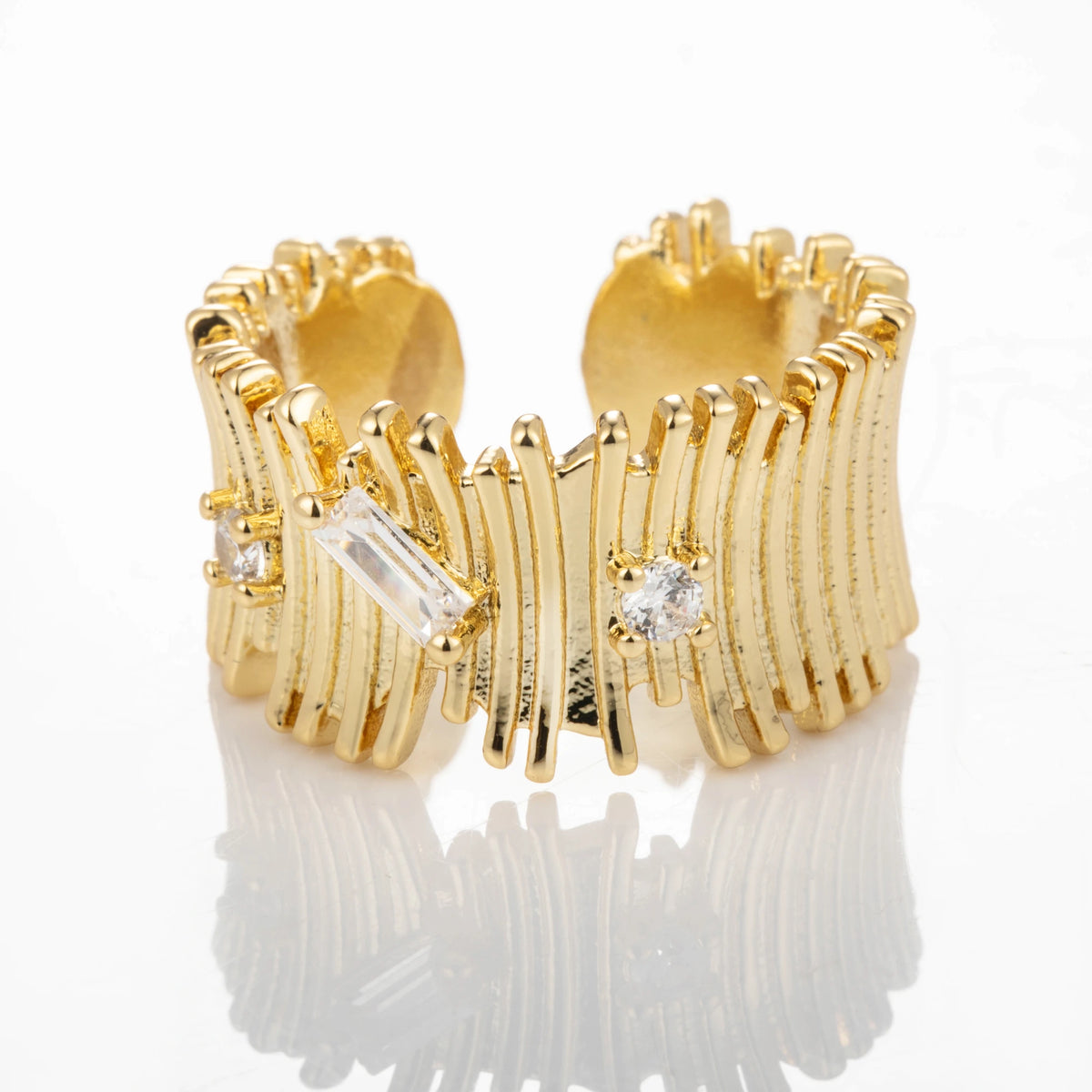 Crystal Fringe gold-plated brass open ring on white background