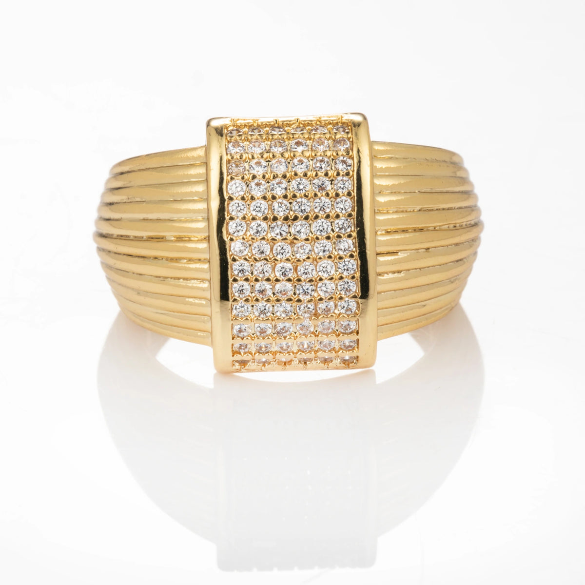 Rectangular Pave gold-plated brass open ring on white background