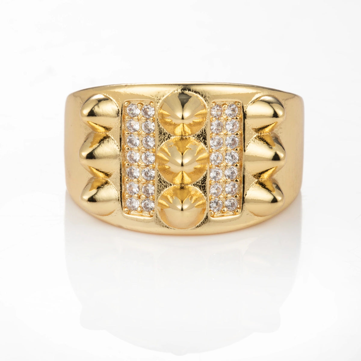 Studded Panel gold-plated brass open ring on white background