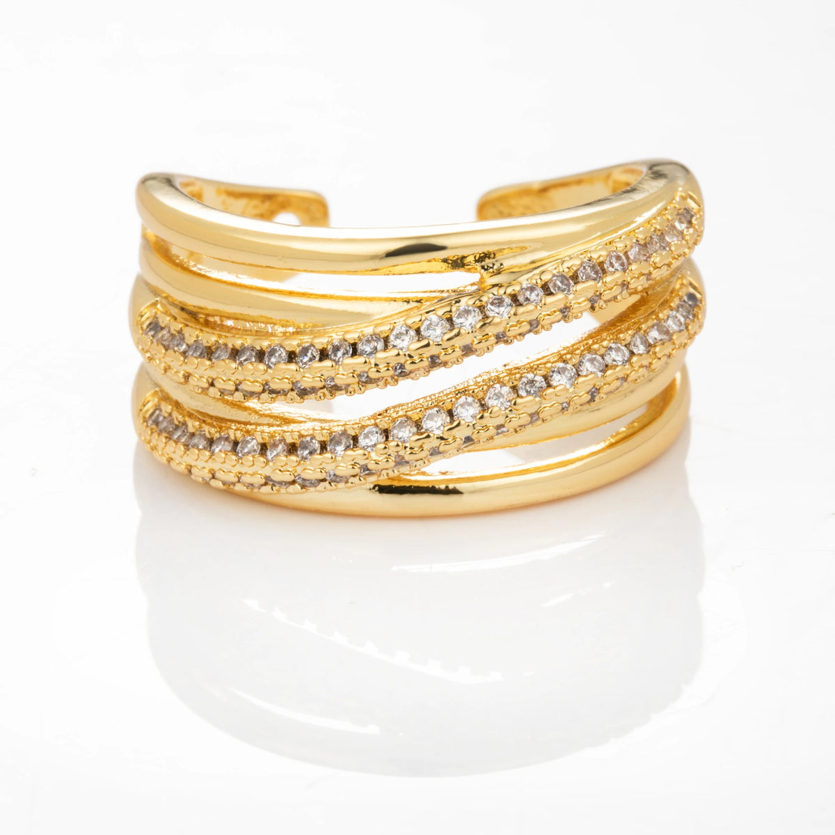 Layered Curve gold-plated brass open ring on white background