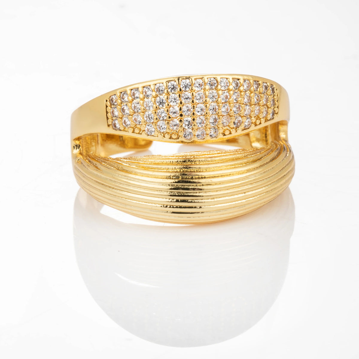 Ribbed Pave gold-plated brass open ring on white background