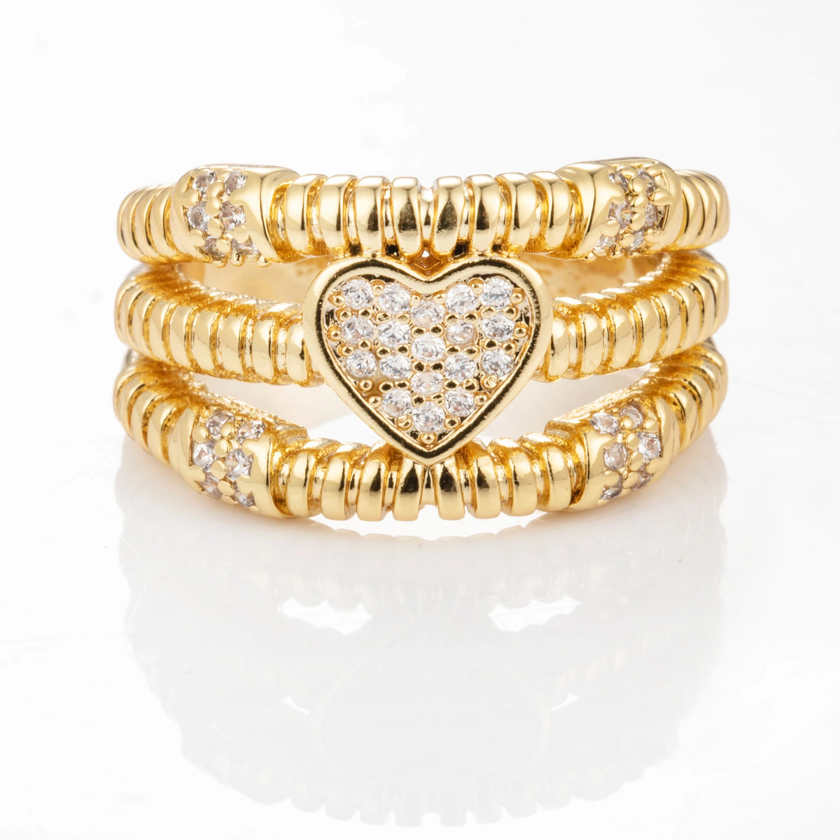 Heart Stack gold-plated brass open ring on white background