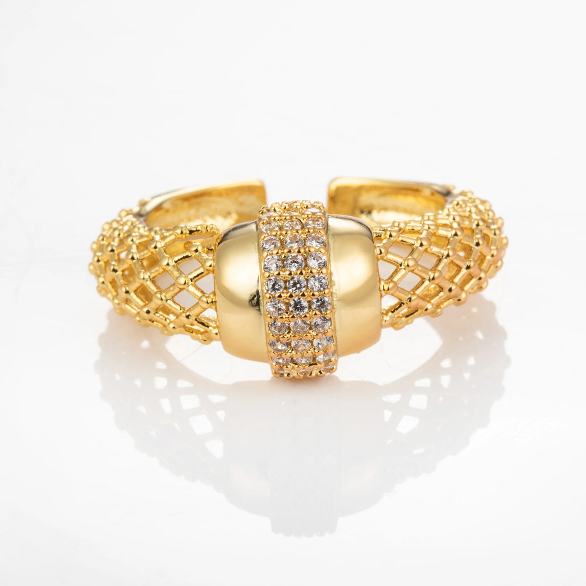 Lattice Pave gold-plated brass open ring on white background